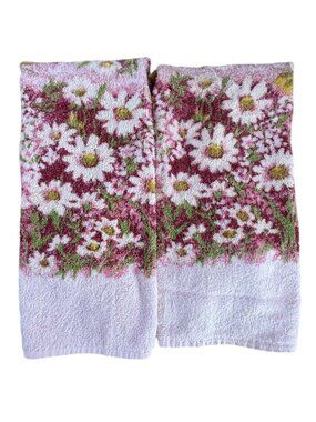 Vintage Sears Floral Print Bathroom Hand Towels Pink Daisy Design Cotton Blend